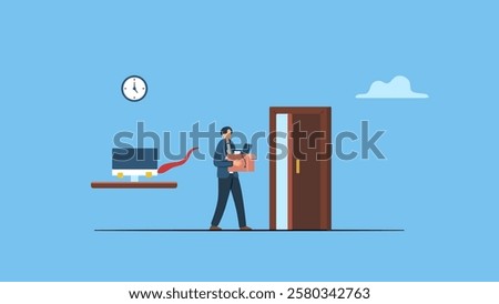 Businessman with stuff walking to exit door, quit full time job, resignation or end career, change job leaving company, employee termination, unemployment or burnout dissatisfaction exit layoff.