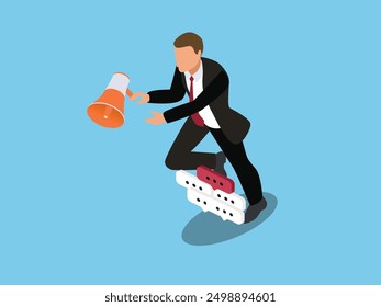 Businessman Stumbles Over Speech Bubbles While Holding Loudspeaker 3d isometric vector illustrations