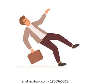 Businessman stumbling and falling down. Fall of young man with briefcase. Career failure, fiasco, crisis, problem and trouble concept. Colored flat vector illustration isolated on white background