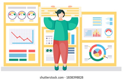 Geschäftsmann legt einen Fortschrittsbericht vor. Charaktere, die auf einem großen Poster stehen, mit Diagrammen, Farbsegmenten, Statistiken mit Daten und Informationen. Abbildung mit Diagramm und Indikatoren