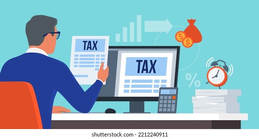 Businessman submitting the income tax return online, tax payment concept