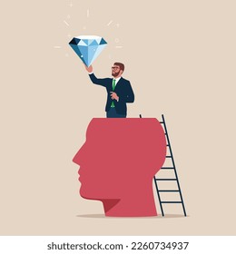 Businessman succeed finding valuable diamond inside his head. Finding yourself searching for self value, success dream. Modern vector illustration in flat style 