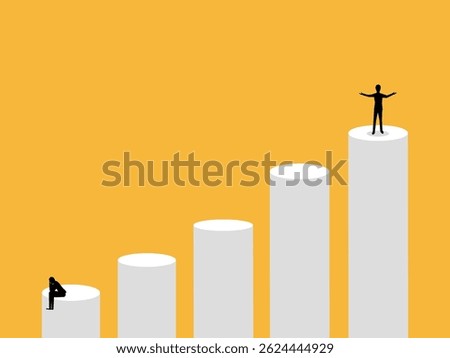 Businessman succeeding at the top of the bar chart with sad people at the bottom
