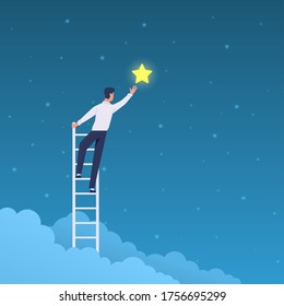 Businessman success. Cartoon man on ladder reaches stars on sky. Achieve goal and dream, leadership, opportunity and business career, professional growth. vector concept