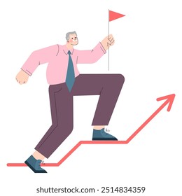 Businessman success concept. A cheerful businessman strides up a growth chart towards success with a flag in hand. Achievement and leadership theme. Vector illustration.