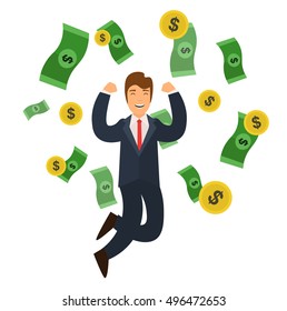 Businessman Success Concept Money and Golden Coin Falling. Flat Design Style. Vector illustration of Caucasian Man Under Money Rain. Business man with dollar banknote flowing