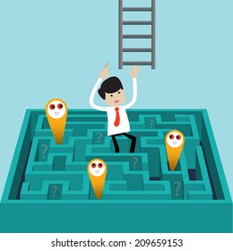 Businessman success to finds another way to exit over labyrinth.   Flat style vector for success, challenge, exit or escape from problems 