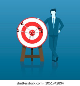 Businessman Success with His Target Goal, All Arrow Hits the Center of Target. Flat Vector.