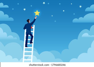 Businessman success. Man on ladder reaches stars on sky, achieve goals and dreams. Career up, leadership, creative flat vector concept. Employee climbing up night sky, successful career
