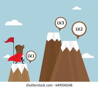 Businessman Success On Top Of Mountain First Level And Looking For Next Level With Red Flag, Business Vision Concept Vector Illustration