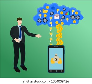 Businessman success profit money with smartphone and cloud internet