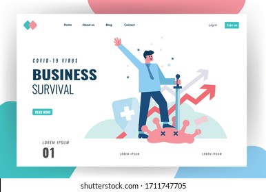 Businessman Success To Protect His Business From Corona Virus. Leadership And Business Survival Website Landing Page Concept. Flat Design Vector Illustration