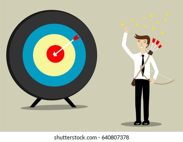 Businessman success shooting at target with bow and arrows. business the goals concept, Vector cartoon business Character