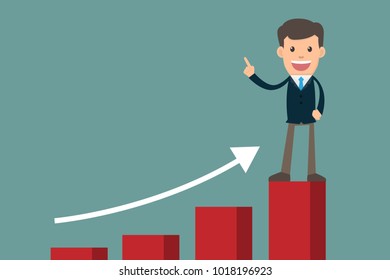 businessman success standing on graph looking future. cartoon character concept vector illustration. 