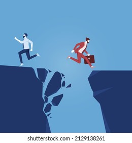 Businessman successful jumping over the cliff to new area while others business man discourage to fighting