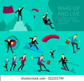 Businessman successful life adventure activities overcoming difficulties. Run. Symbolic image of work journey