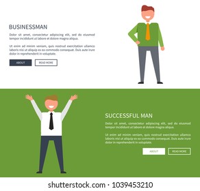 Businessman and successful man collection of posters with text on white and green background. Isolated vector illustration of happy adult males posing