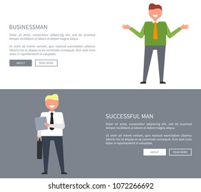 Businessman and successful man with folder and case in hands. Vector illustration of two office workers on white and gray separate backgrounds