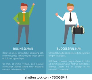 Businessman and successful man, pictures of male waving his hand and person standing with suitcase full of money vector illustration