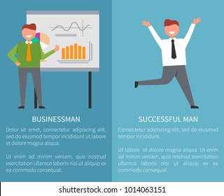Businessman and successful man, two columns with text sample for giving your own text and icons of happy male on meeting vector illustration