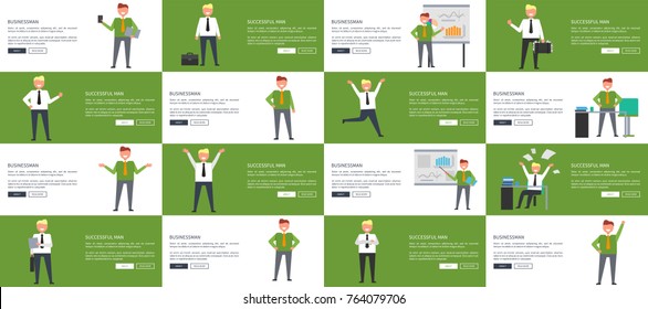 Businessman and successful man at work web banners set. Vector of man sitting and desk with pile of books, working at computer with charts and briefcase