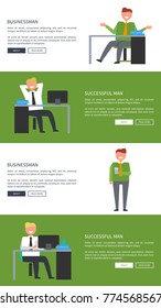 Businessman and successful man at work web banners set. Vector of happy man sitting and desk with pile of books, working at computer or resting