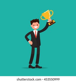  Businessman or a successful manager holding a prize. Vector illustration of a flat design