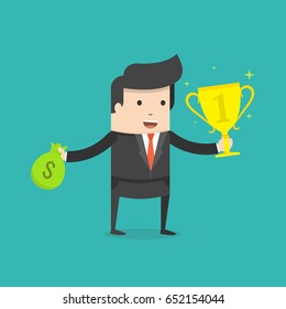 Businessman or a successful manager holding a prize. Flat cartoon style. Vector illustration.