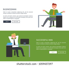 Businessman and successful men web posters with text on white and green. Smiling man sitting on chair in front of table with few books on it vector illustration