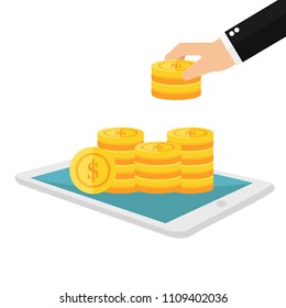 Businessman successful stacking coin on screen phone