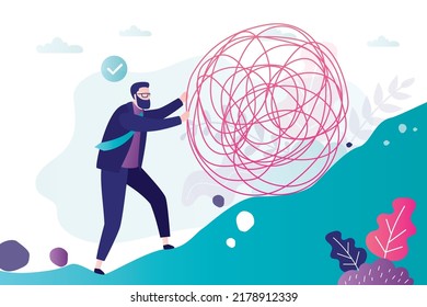 Businessman successfully coping with mental problems. Male character rolls ball of disturbing thoughts uphill. Psychotherapy concept. Employee tries to overcome difficulties. Flat vector illustration