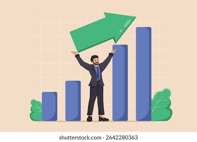 Businessman Successfully Elevating a Large Green Arrow on a Bar Graph, Symbolizing Significant Investment Growth, Financial Success, and Business Achievement.