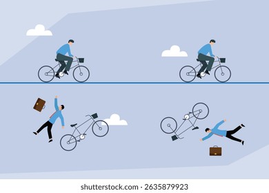 businessman successfully riding a bicycle in the top panels and falling off in the bottom panels, depicting the process of learning, trying, and failing