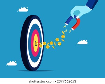 Businessman sucks money away from target. Financial goal concept
