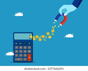 Businessman sucks money out of a calculator. Financial accounting concepts