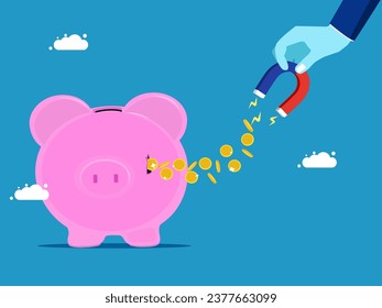 Businessman sucks money out of a piggy bank. Savings concept