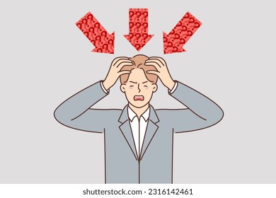 Businessman is suffering from pressure of questions and problems needing solution and clutching head. Businessman stands among red arrows and shouts asking for help to solve complex issues.