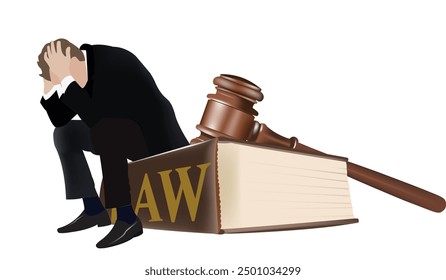 Businessman suffering from stress sitting on law book with gavel