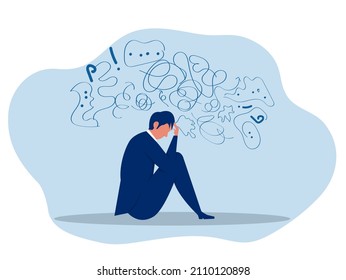 businessman suffers from obsessive thoughts; headache; unresolved issues; psychological trauma; depression Mental stress panic mind disorder illustration Flat vector illustration 