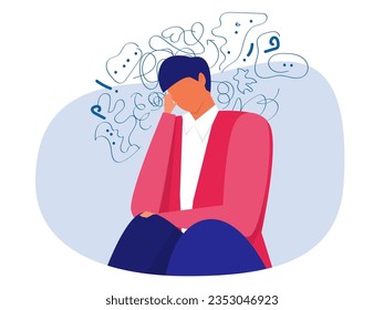businessman suffers from obsessive thoughts; headache; unresolved issues; psychological trauma; depression Mental stress panic mind disorder illustration Flat vector illustration 