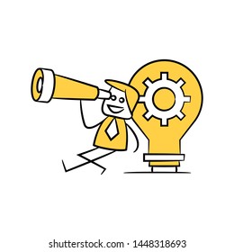 businessman suing telescope and sitting next to light bulb gear yellow stick figure theme