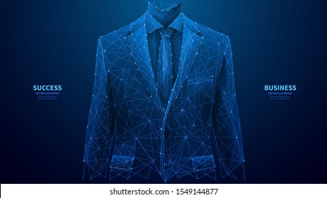 Businessman in a suit. Abstract polygonal wireframe closeup a young attractive successful man in an expansive classic luxury suit. Vector low poly wireframe illustration. Navy banner with copy space.
