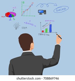Businessman in suit back view hand touch doodle finance charts and graphs, concept vector illustration