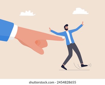 A businessman in a suit is being pushed by a giant finger, illustrating the concept of the nudge theory. This image captures the idea of guidance and encouragement in decision-making processes.