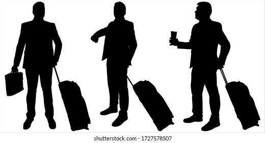Businessman in a suit. Black silhouette isolated on white. Man stands in line, in one line. Watches the watch on wrist. Stands with a bag on wheels and a thermos; with luggage and a phone in hands.