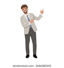 Businessman in a suit and blue tie confidently points to side, presenting or introducing something. Flat Vector character illustration