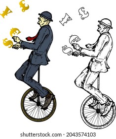 Businessman in suit and bowler hat juggling currency symbols while riding a unicycle. Hand drawn vector illustration.