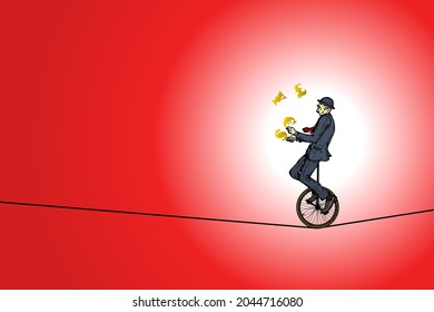 A businessman in suit and bowler hat juggling currency symbols while riding a unicycle on a tightrope. Hand drawn vector illustration.