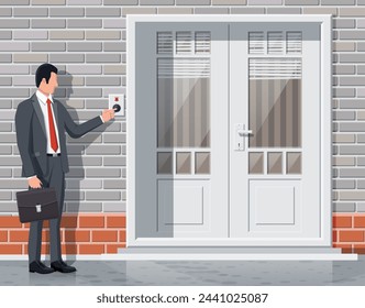 Businessman in suit with briefcase push bell button at the front door. Finger presses the doorbell switch. Person rings in apartment. Invitation to enter or new opportunity. Flat vector illustration