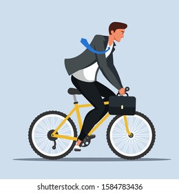 Businessman in suit with briefcase rushing to work on bicycle cartoon. Office worker male character hurrying to job riding bike. Working people in rush isolated on grey. Vector flat illustration